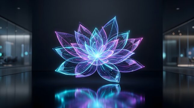 Glowing neon lotus flower in dark room with reflective floor and walls