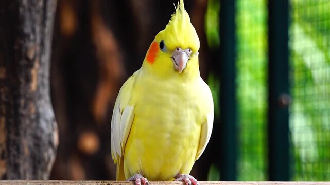 Close up of a beautiful yellow cockatiel perched on a branch with red cheeks and natural background