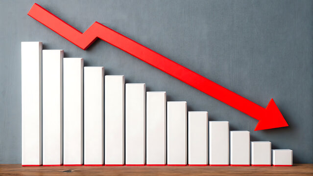 A bar chart showing a downward trend with white rectangular bars and a large red arrow pointing down against a neutral grey textured background