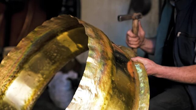 Close up shot of a coppersmith master working on copper plate in slow motion. Focus on hands, hammer and authentic details of traditional craft.