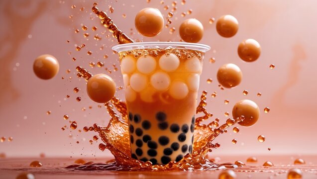 Boba tea cup filled with tapioca pearls and flavored liquid, surrounded by splashes and floating tapioca balls against a soft orange background