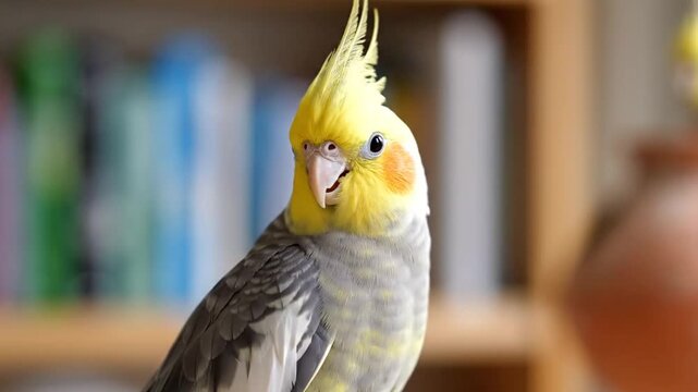 Close up portrait of a cockatiel bird,beautiful feathers and yellow crest,pet bird acting curious and engaging on camera