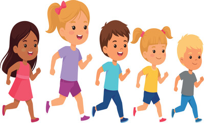 Fototapeta premium Diverse Happy Children Running Together, Cartoon Kids Activity and Friendship Vector Illustration Design