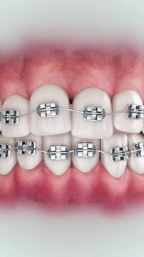 3D orthodontic animation of metal braces correcting tooth alignment and improving dental occlusion.