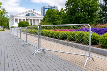 Naklejka premium Metal temporary fence barriers on city sidewalk