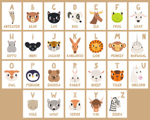 Cute animals, English alphabet, ABC letters cards, flashcards. Wildlife cartoon characters. Kids preschool, school educational, learning materials. Hand drawn flat vector illustration, design element © Maria Skrigan