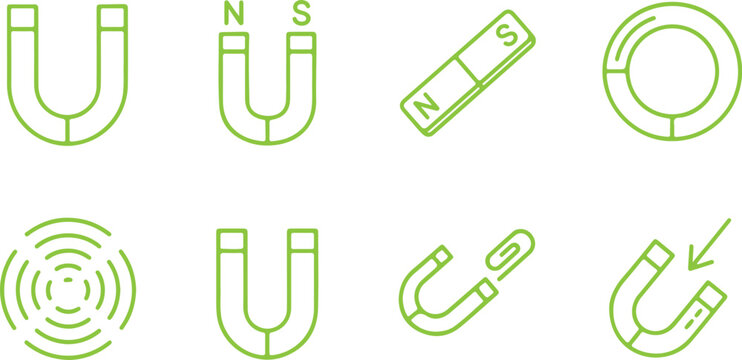 Set of Linear Magnetic Force Icons Featuring Horseshoe and Bar Magnets Illustrating Physical Attraction and Electromagnetic Field Concepts