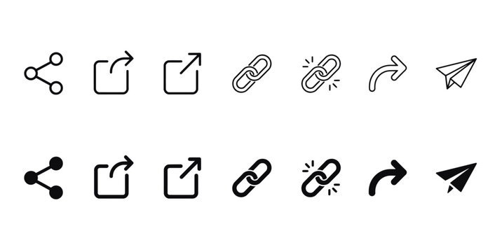 Link button icons, thin line symbols for share, web, webpage, website, network and url navigation.