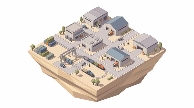 Isometric illustration of a small town with buildings and roads.