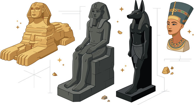 Ancient Egyptian Landmark and Statue Vector Set Featuring Great Sphinx of Giza, Seated Pharaoh, Anubis God, and Nefertiti Queen Bust