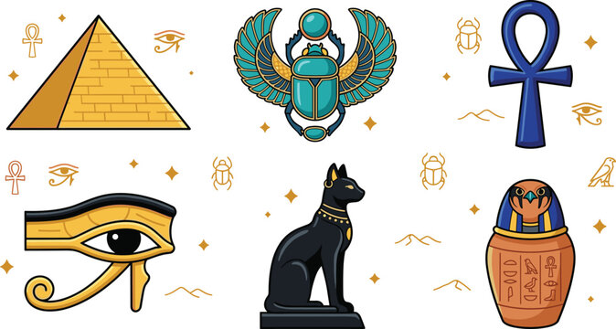 Ancient Egypt Culture Vector Set Featuring Giza Pyramid, Winged Scarab Beetle, Eye of Horus, Bastet Cat Statue, Ankh Cross, and Canopic Jar