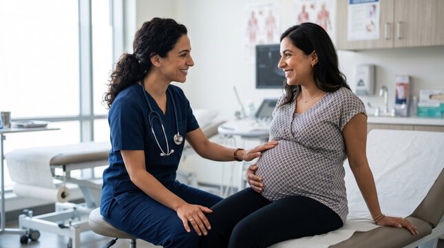Friendly female doctor in blue scrubs consulting a happy pregnant woman sitting on an examination table in a bright, modern clinic. Reassurance, prenatal care, and professional healthcare.