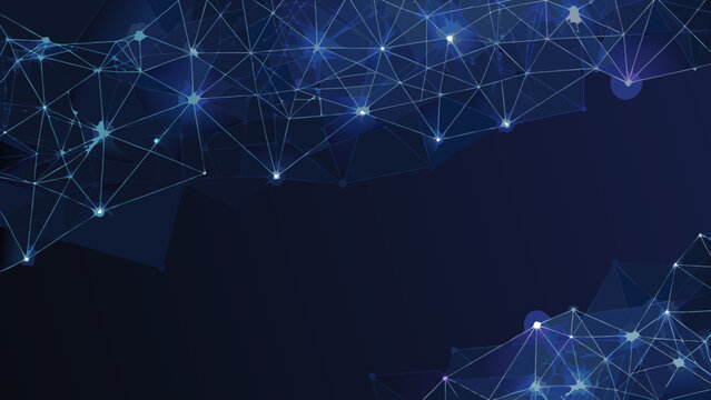 Geometric network visualization with glowing nodes on a dark blue background