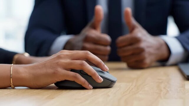 Hand mouse computer office business approval teamwork training desk thumb clicking mouse office desk meeting approval gesture thumbs up success