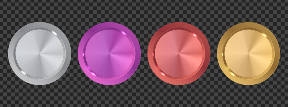 Set of four metallic circular push buttons in silver purple red and gold colors isolated on a with metallic interface graphics abstract gradient reflection switches