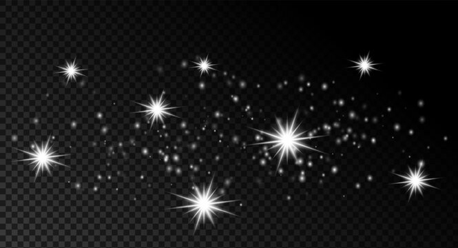 White sparkling stars and glowing particles with magical glitter trail isolated on transparent background. Festive stardust effect with luminous twinkling lights.