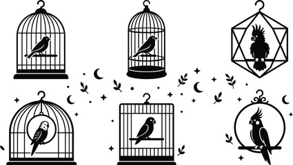 Black Silhouette Bird Cage Icon Collection Featuring Canary, Budgie, Cockatoo, Parrot, and Cockatiel on Decorative Perches with Stars and Moons © MstAkhlima