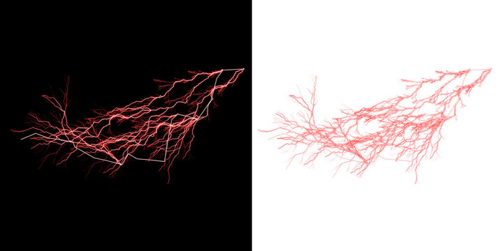 Red lightning bolt shape with branching network pattern and rectangular blocks on white background isolated on a transparent background