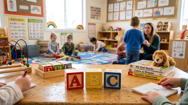 Children learning the alphabet with ABC blocks and colorful decorations in a bright preschool classroom.