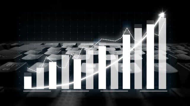 Stylish data visualization showcasing a bar graph and line trend over a keyboard, representing financial growth and analysis for modern business needs. Copula