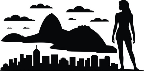 Silhouette cityscape with mountains and clouds, a woman stands tall and clip art, city skyline, and urban scene icons set and black and white © Zakir Ali
