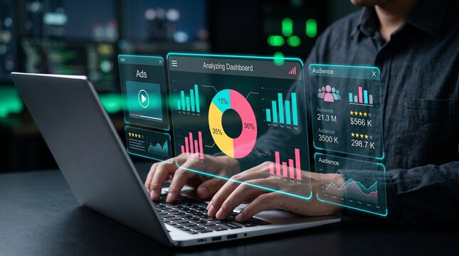 Man analyzing ads and digital marketing data on laptop with interactive dashboard