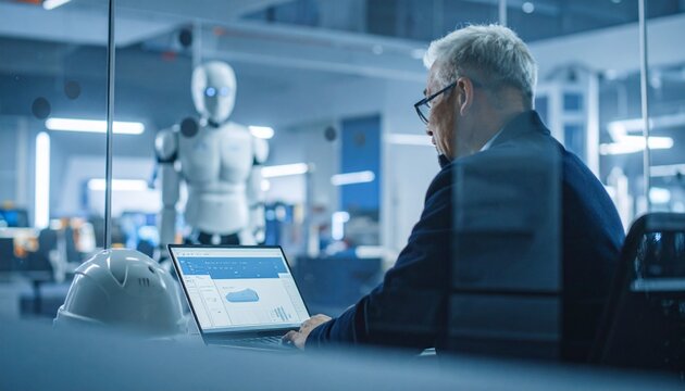 Senior business manager tracking intelligent robotic workflow inside tech lab window from behind