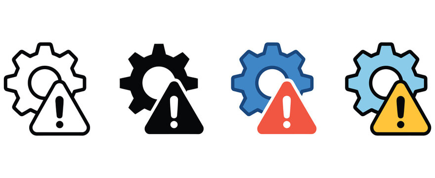 failure icon set with gear and exclamation mark vector symbols, representing malfunction, system error, warning alerts, technical issues, and industrial breakdown communication design.