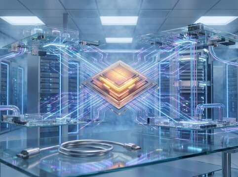 A futuristic server room showcasing a glowing quantum computer chip connected by illuminated circuits and cables inside a high-tech data center.