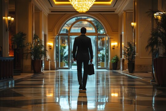 Rear view of a stylish businessman arriving at a high-end hotel, carrying a briefcase in a grand hall.