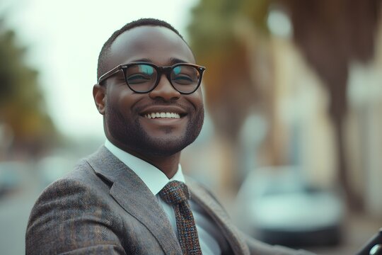 Smiling african american businessman commuting to work on a bicycle in the city morning