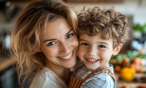Smiling mother and son embrace in a bright, warm kitchen with fresh vegetables in background.