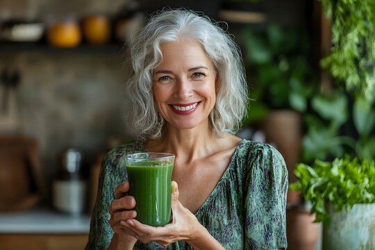Smiling woman holding a glass of green smoothie, promoting healthy eating
