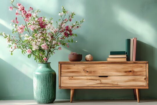 Spring composition of cozy living room interior with cherry blossoms in a ceramic vase