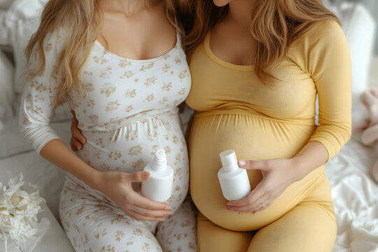 Two pregnant women holding belly and skincare bottles, friendship, motherhood, expecting, beauty, self-care, gentle