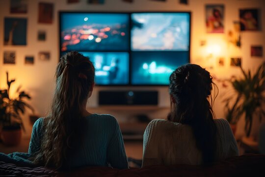 Two young women friends relaxing at home watching television together on a cozy sofa