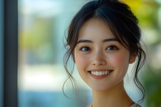 Close up portrait of a beautiful young asian woman smiling with a bright and happy mood