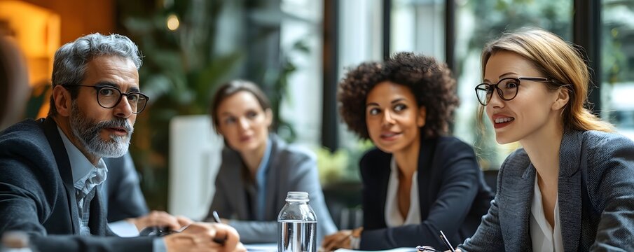 Diverse group of professional business people having a serious meeting in a modern office