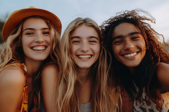 Group of diverse happy young friends smiling together outdoors during a sunny summer day