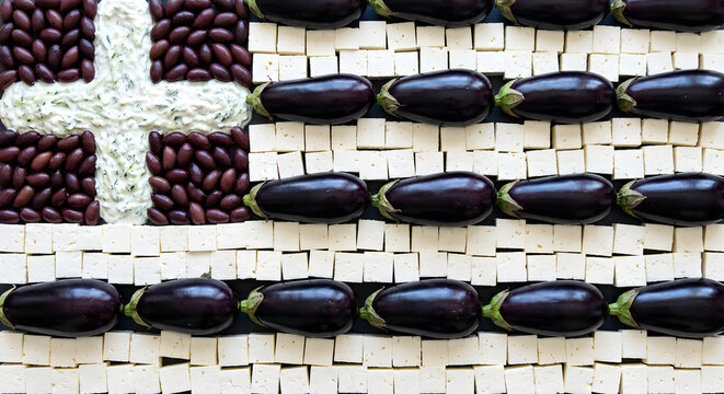 Greek flag made of traditional food ingredients, top view. Generative AI