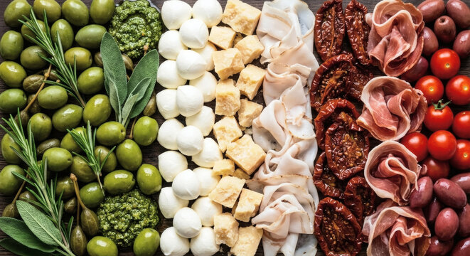 Italian antipasto platter background with olives, mozzarella, parmesan, prosciutto, and sun-dried tomatoes forming a flag pattern, top view. Generative AI.