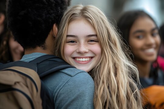Joyful young woman with blonde hair hugs a friend, smiling in a crowd.