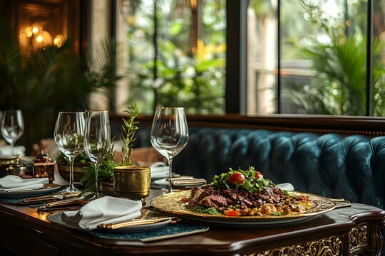 Luxurious restaurant table setting with gourmet steak and wine glasses