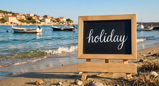 Small blackboard with handwritten word "holiday" on a sunny sandy beach with boats and sea background. Generative AI