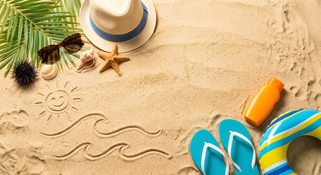 Summer beach vacation background with copy space on sand. Generative AI.