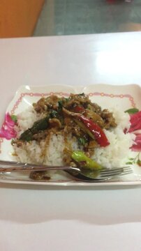A panning, close-up shot of one of the most popular dishes in Thailand, stir fried holy basil with pork (Pad Kaprao Moo).