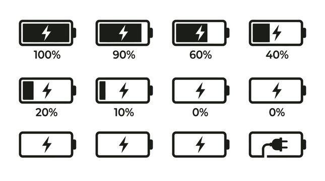 Detailed set of black battery level indicator icons designed as a flat vector graphic illustration