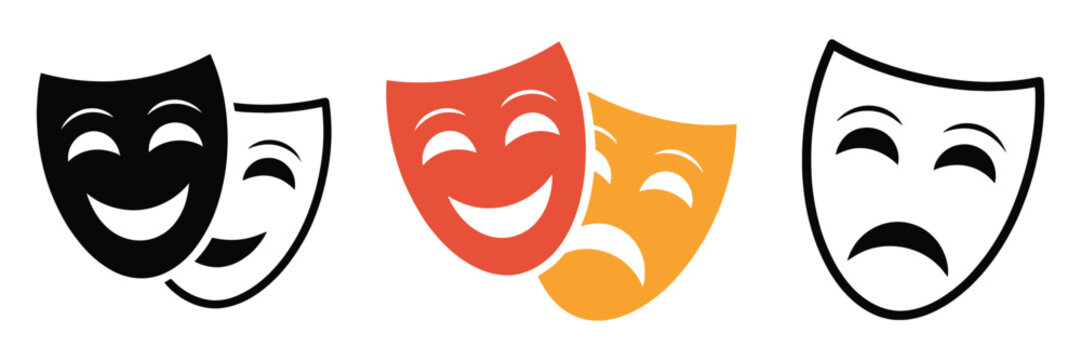 Masquerade mask icons, comic and tragic theater symbols for performance arts, entertainment and stage productions.