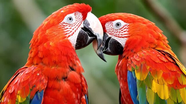 Majestic scarlet macaws interacting gracefully in natural habitat close encounter of colorful birds tropical wildlife