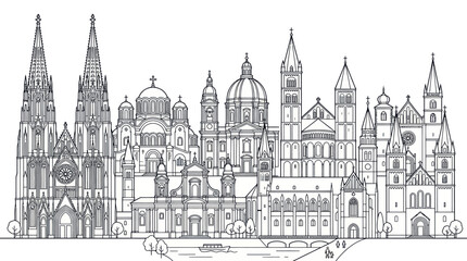 Fototapeta premium Detailed line art panorama of European cathedral facades.